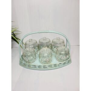 Vintage Set of Richard Krueger Nursery Jars Lambs and Blue Basket Holder